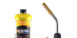 BLUEFIRE BTS-8090 Auto ON/OFF Trigger Start Heavy Duty Gas Welding Torch Head Adjustable Swirl Flame Hand Hold Portable Fuel by MAPP/MAP Pro/Propane 1lb Bottle Tank (Torch Kit with MAPP Cylinder)