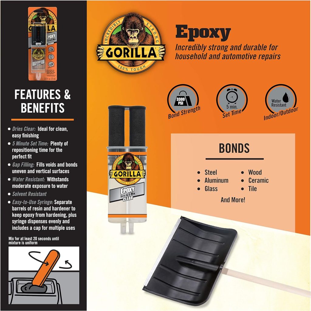 Gorilla 2 Part Epoxy, 5 Minute Set, .85 ounce Syringe, Clear, (Pack of 3)