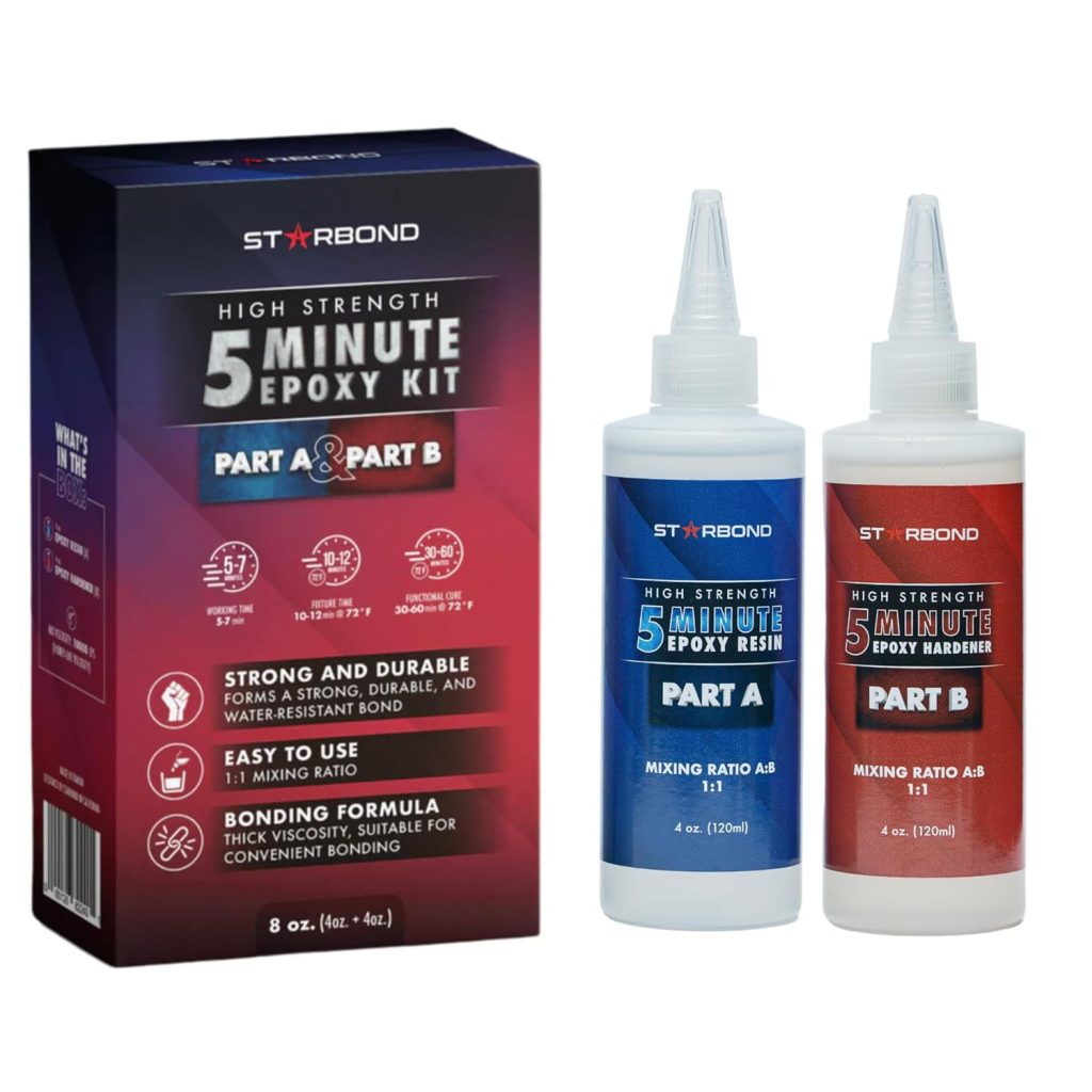 Starbond 5 Minute Epoxy Adhesive - Super Tough and Durable - 1900 lb Lap Shear Strength, 1:1 Ratio Instant Mix — Fast Set, Quick Cure, Compatible with Wood, Metal, Glass, Ceramic, Fabric, 8 oz