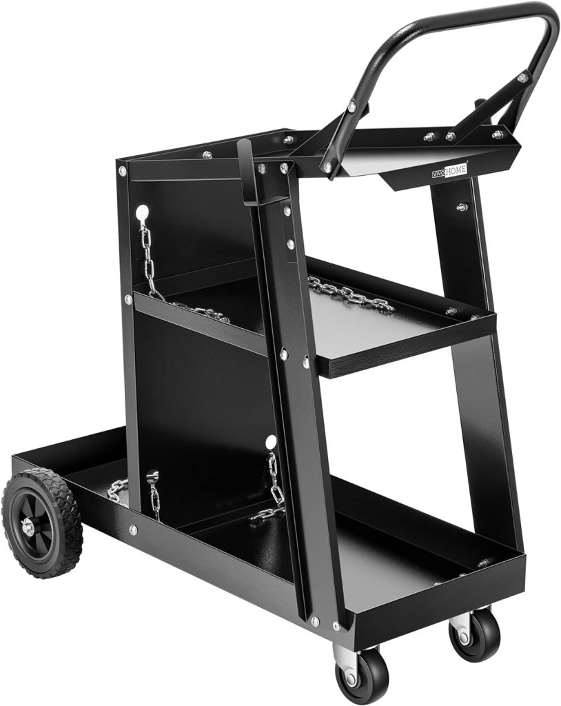 VIVOHOME Iron 3 Tiers Rolling Welding Cart with Upgraded Wheels and Tank Storage for TIG MIG Welder and Plasma Cutter Black